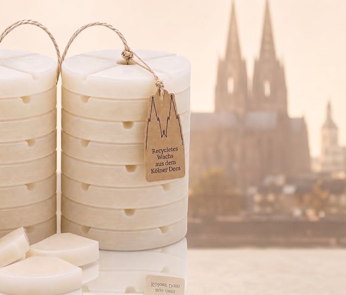 Lavalis Nachfüllwachs vor der Silhouette des Kölner Doms